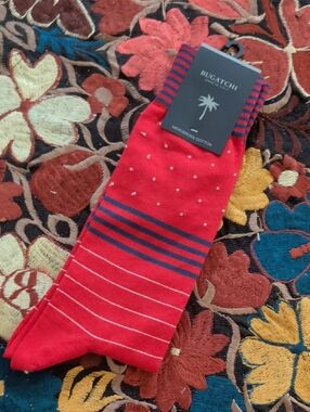 Bugatchi Red Men's Mercerized Cotton Dress Socks with Navy Stripes